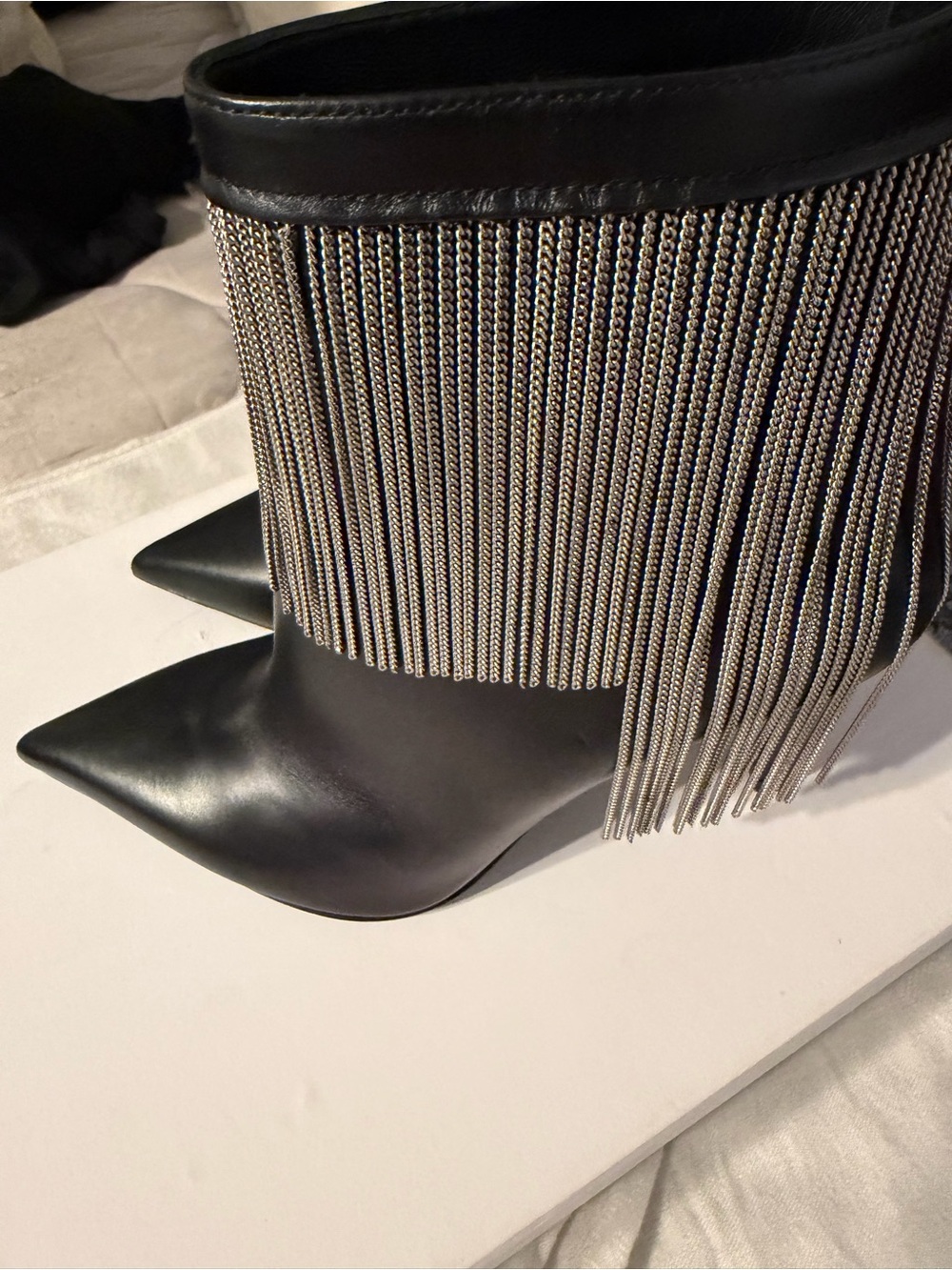 Black Pointed Toe Fringe Ankle Boots ( Never Worn)